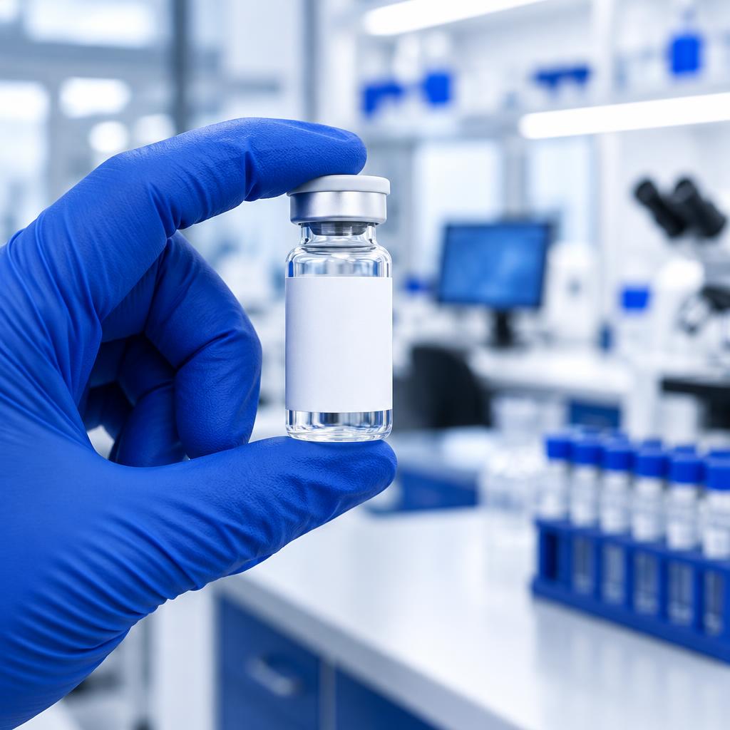 Researcher holding an unlabelled laboratory vial